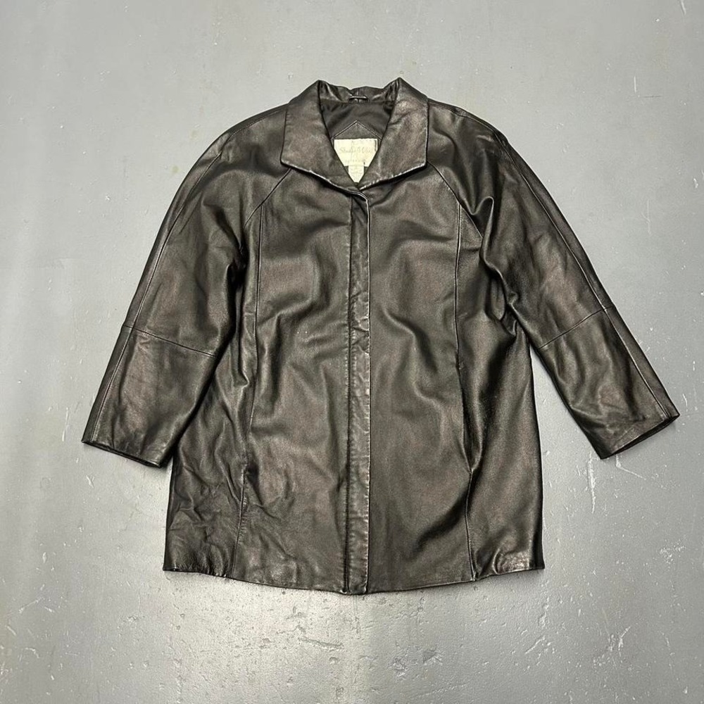 Vintage black leather button down blazer style long jacket Size M